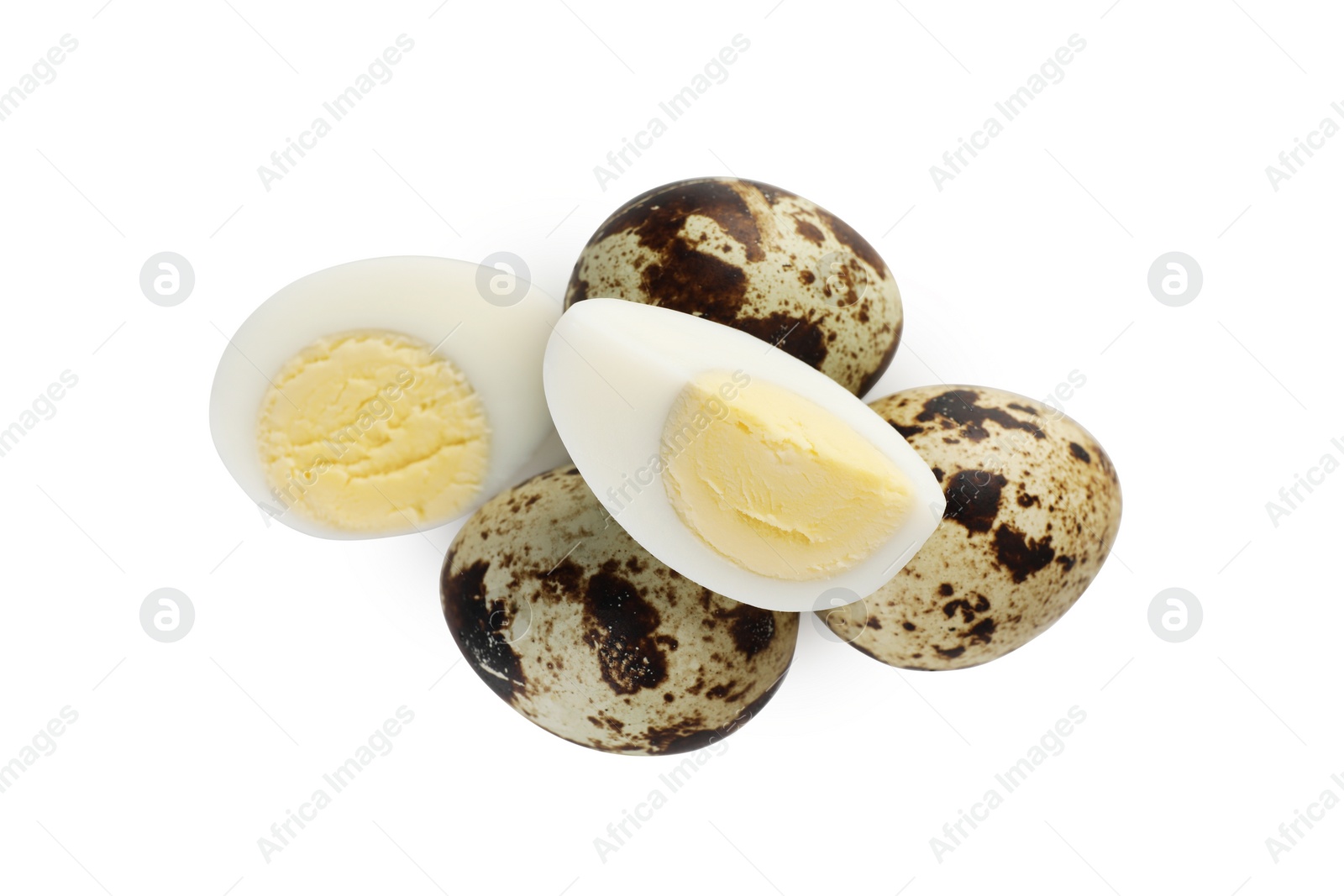 Photo of Unpeeled and peeled hard boiled quail eggs on white background, top view