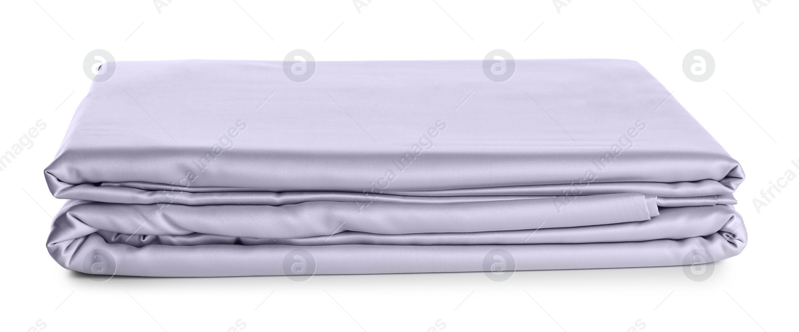 Photo of Stack of clean silky bed linen isolated on white