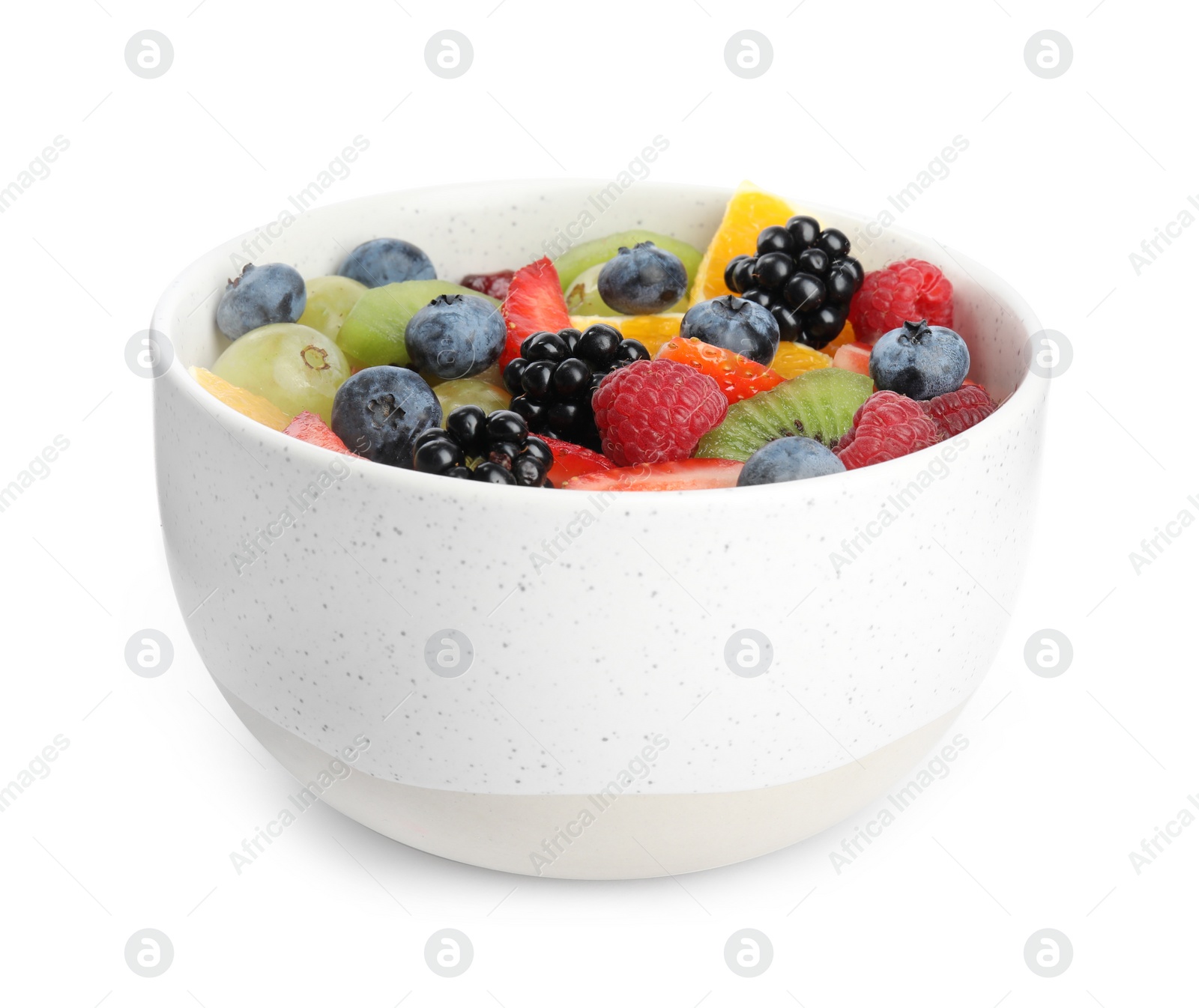 Photo of Fresh tasty fruit salad on white background