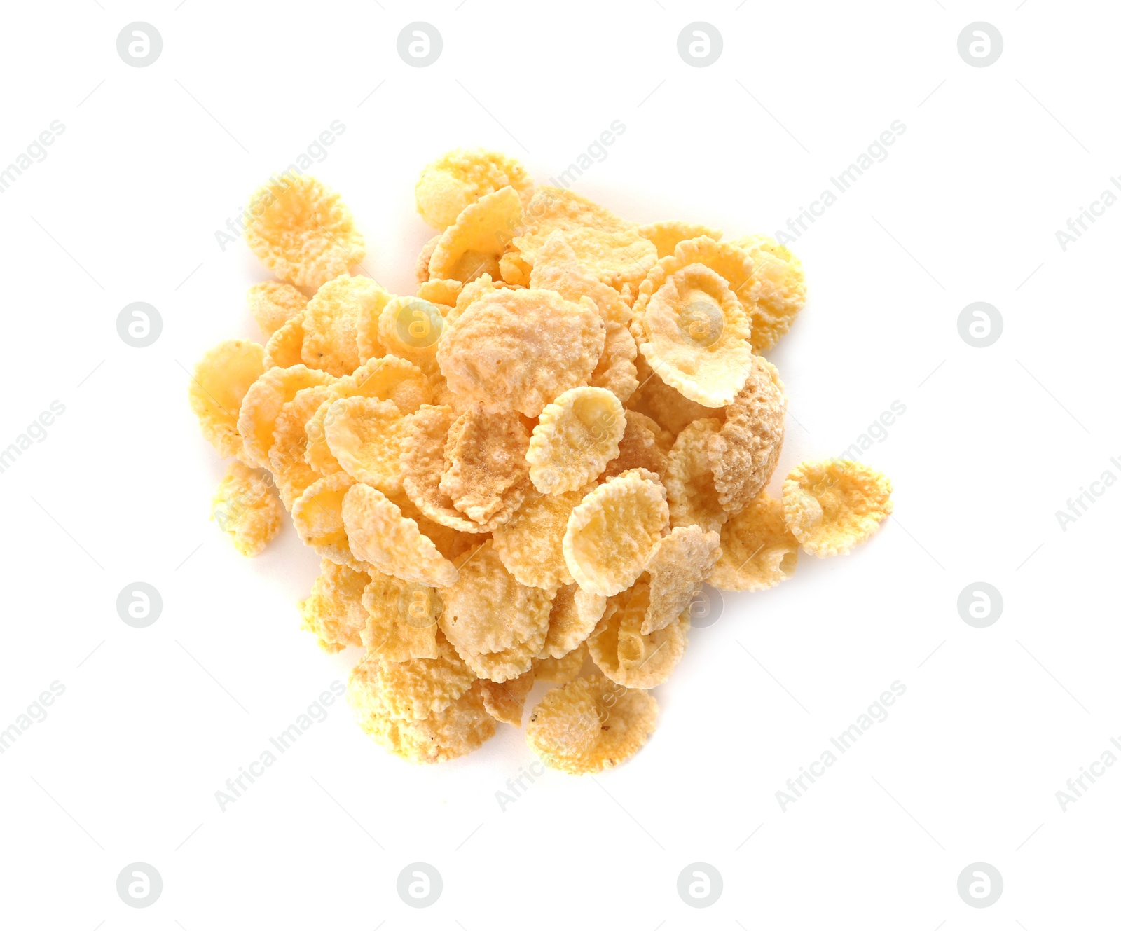 Photo of Corn flakes on white background. Healthy grains and cereals