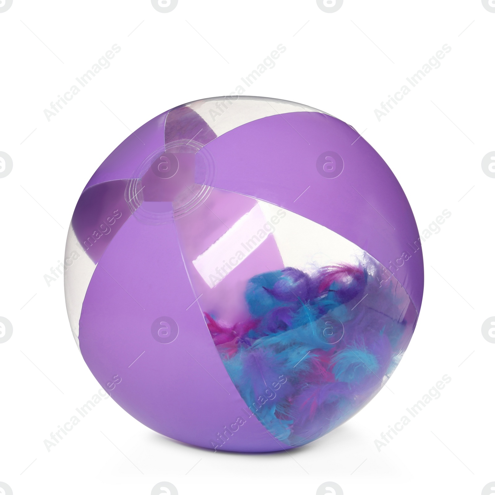 Photo of Inflatable beach ball with feathers inside isolated on white