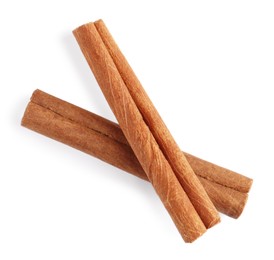 Photo of Cinnamon sticks isolated on white, top view