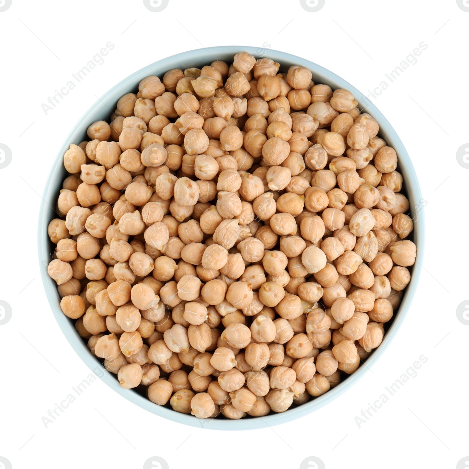 Photo of Chickpeas in bowl on white background, top view. Natural food