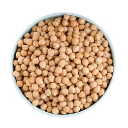 Photo of Chickpeas in bowl on white background, top view. Natural food