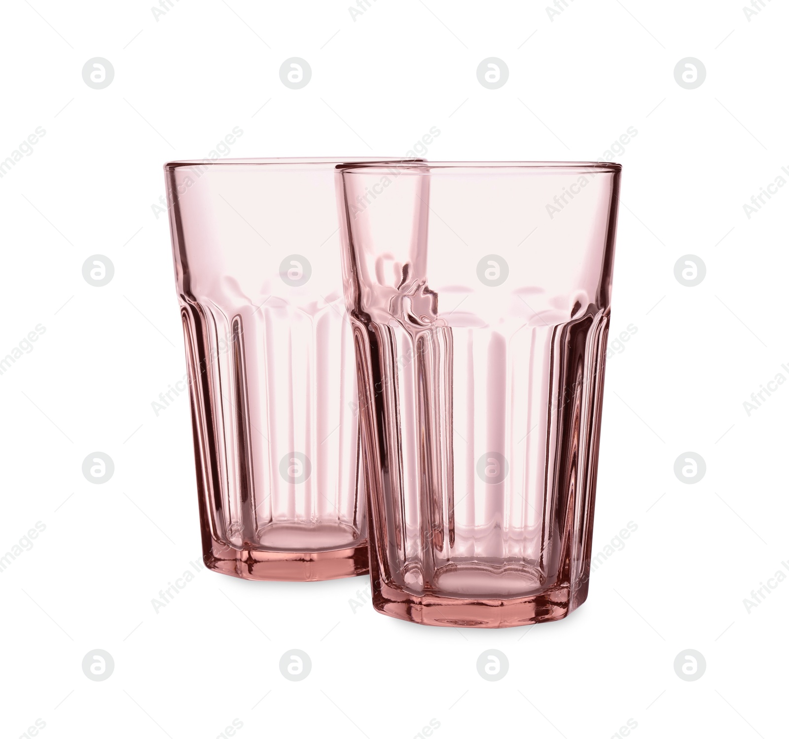 Photo of Elegant clean empty glasses on white background