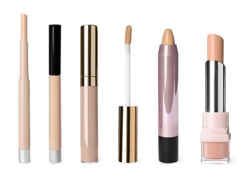 Image of Set with different decorative cosmetic products on white background 