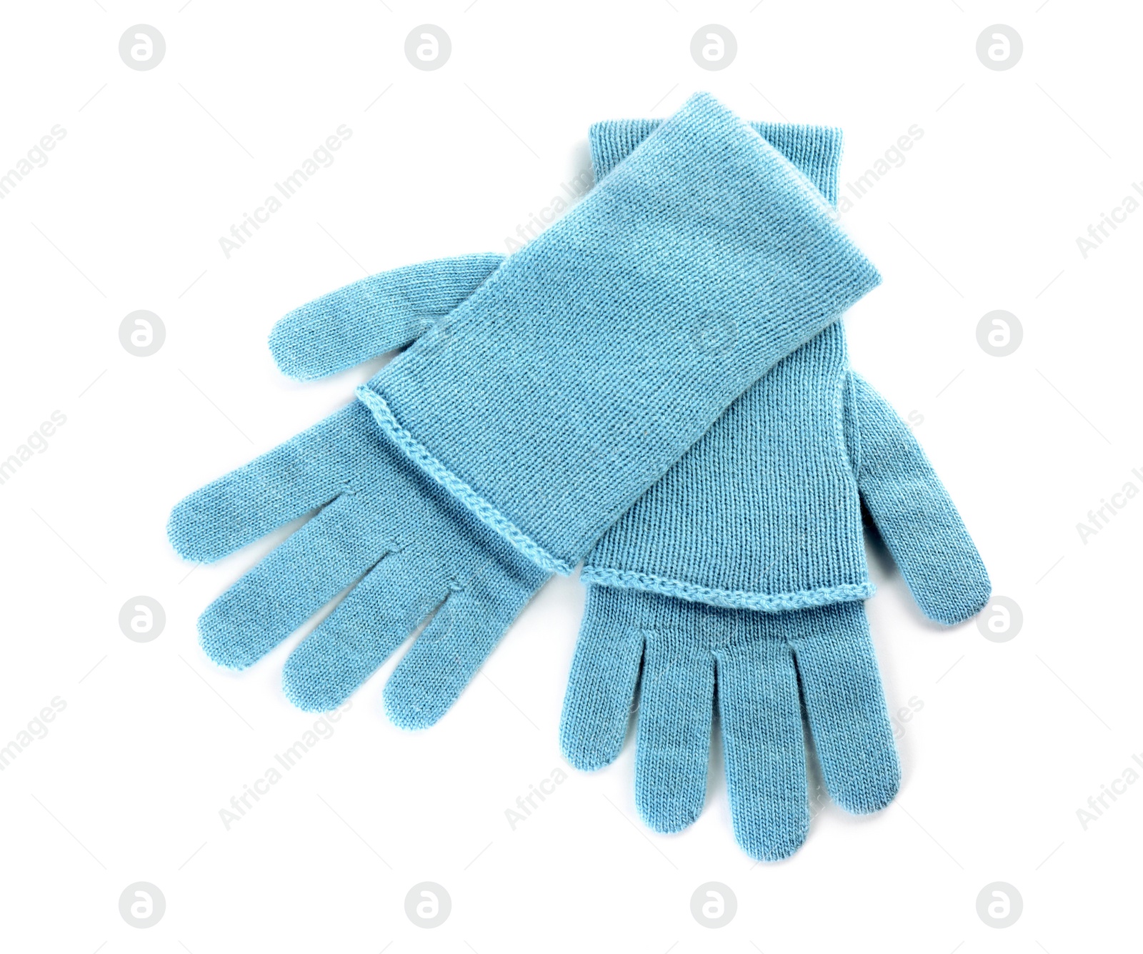 Photo of Stylish blue gloves on white background, top view. Autumn clothes