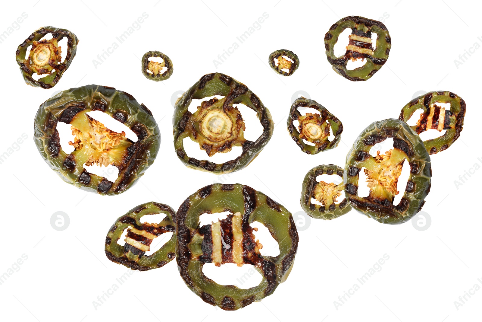 Image of Slices of grilled bell peppers in air on white background