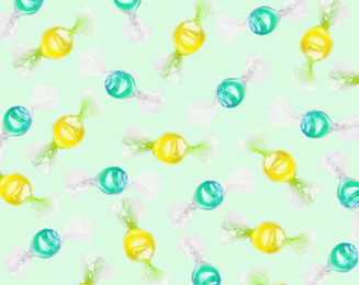 Tasty candies on pale light green background. Pattern design