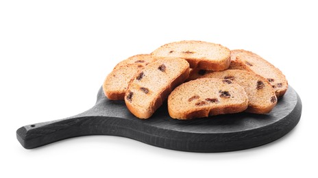 Photo of Sweet hard chuck crackers with raisins on white background