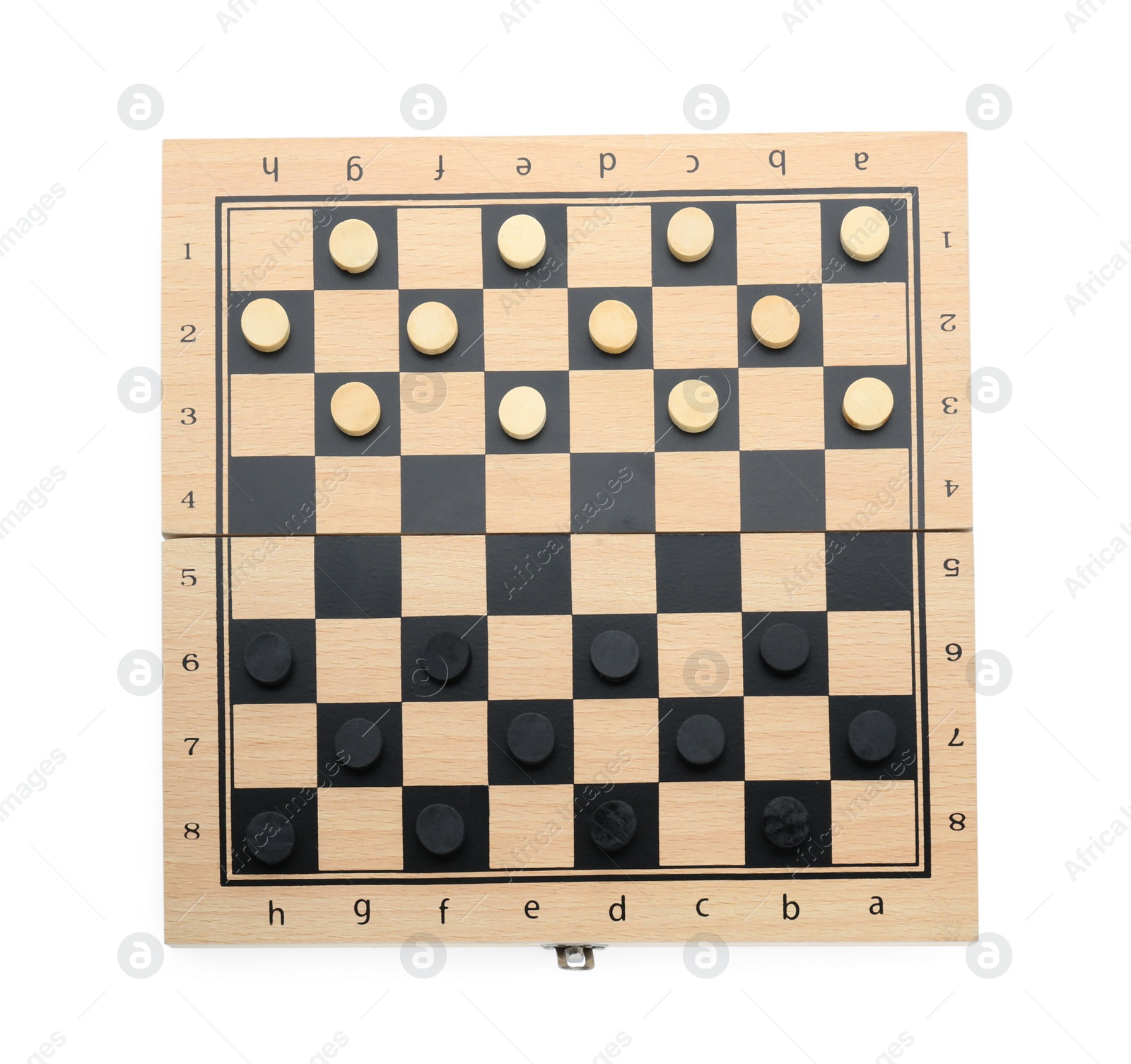 Photo of Wooden checkerboard with game pieces isolated on white, top view