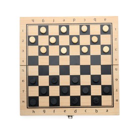 Photo of Wooden checkerboard with game pieces isolated on white, top view