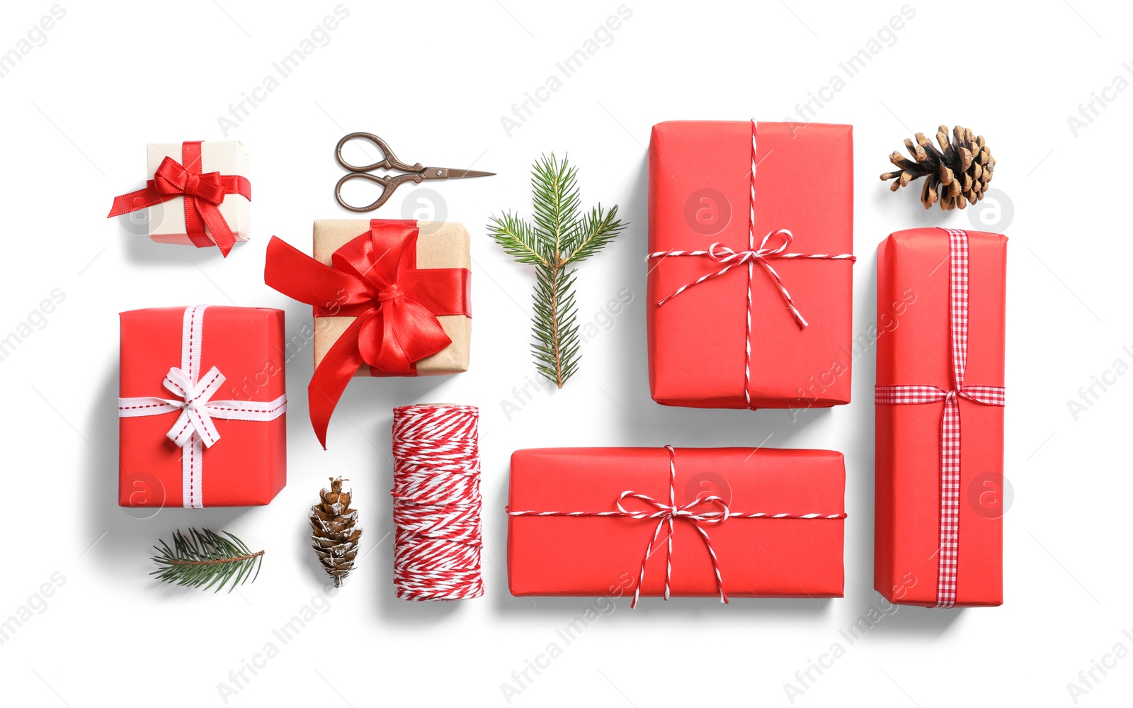 Photo of Flat lay composition with Christmas gifts on white background