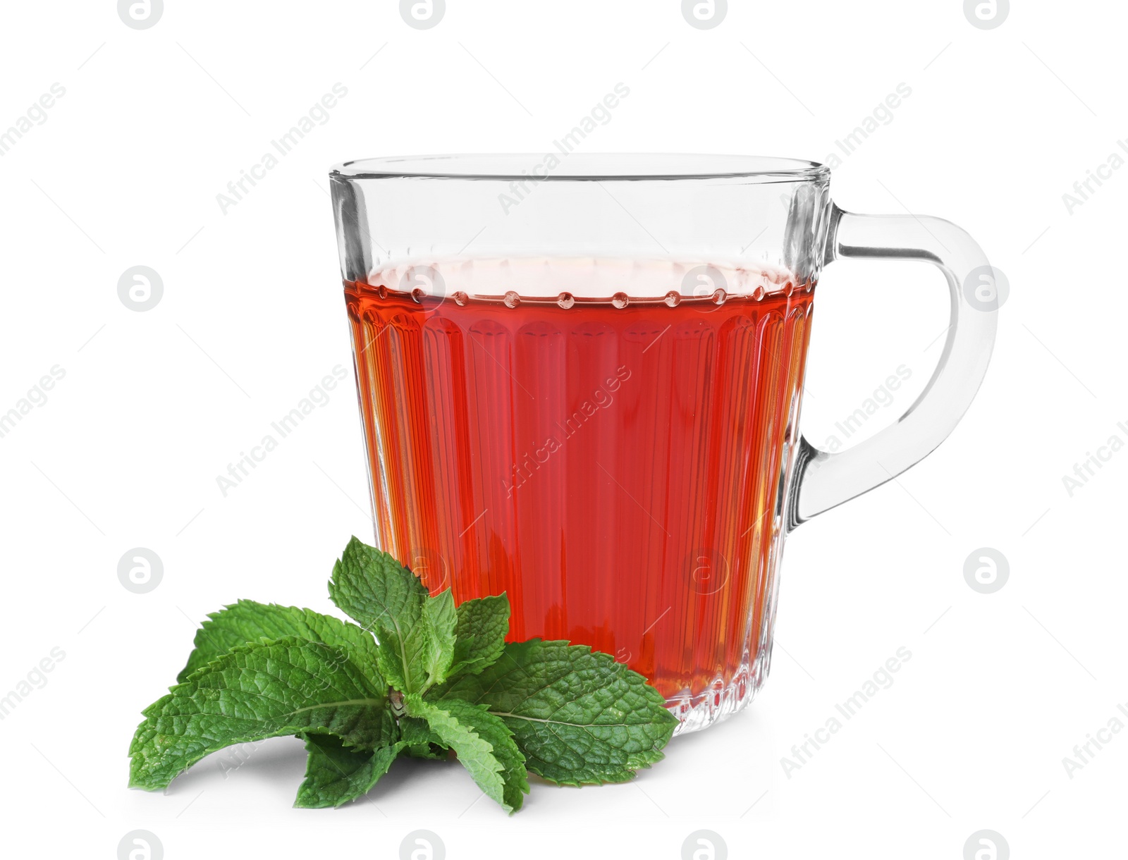 Photo of Cup with hot aromatic mint tea isolated on white