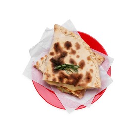 Photo of Tasty pizza calzones with cheese and rosemary isolated on white, top view