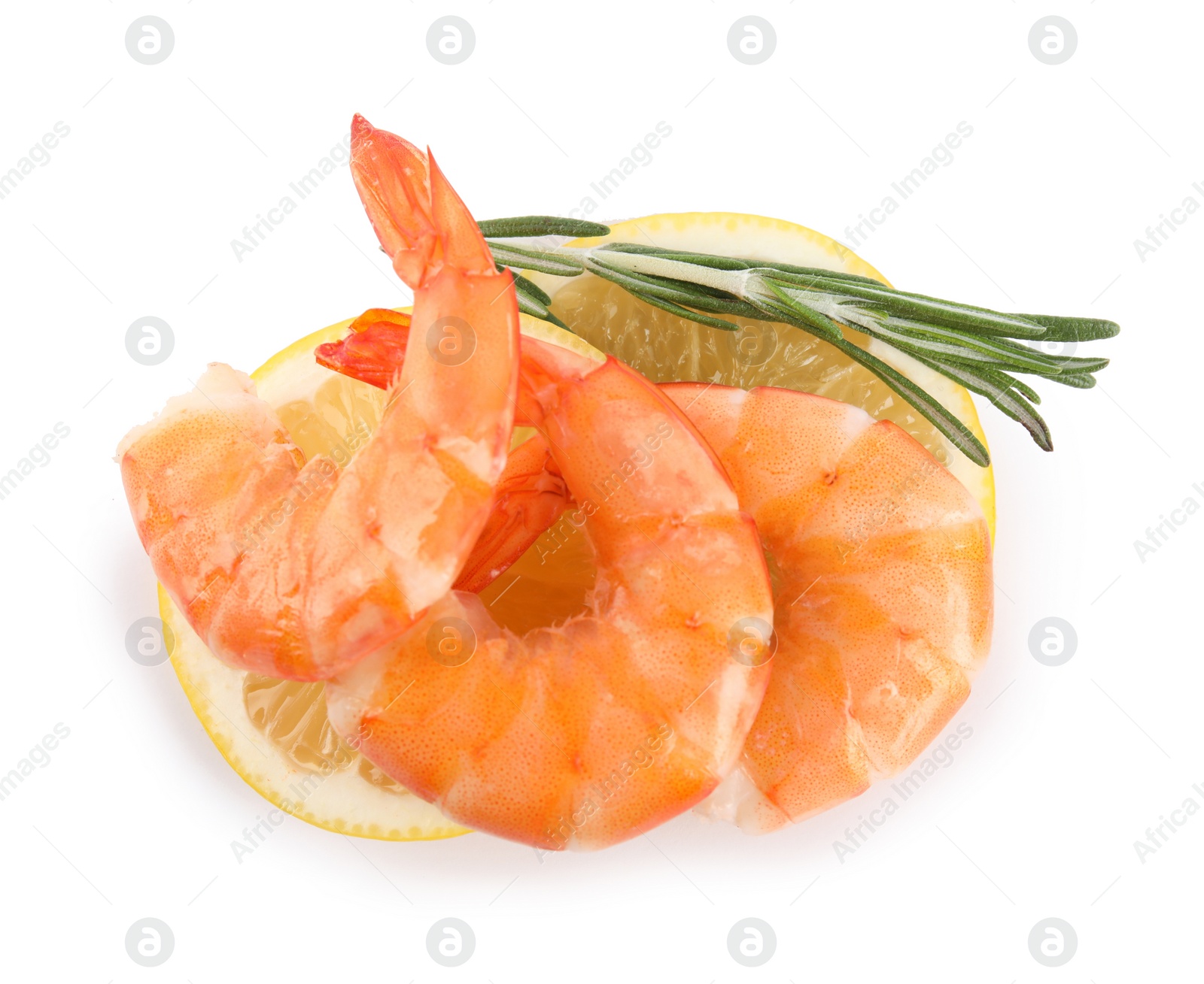 Photo of Delicious cooked shrimps, lemon and rosemary isolated on white, top view