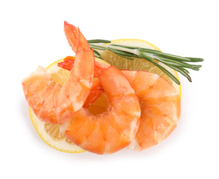 Delicious cooked shrimps, lemon and rosemary isolated on white, top view