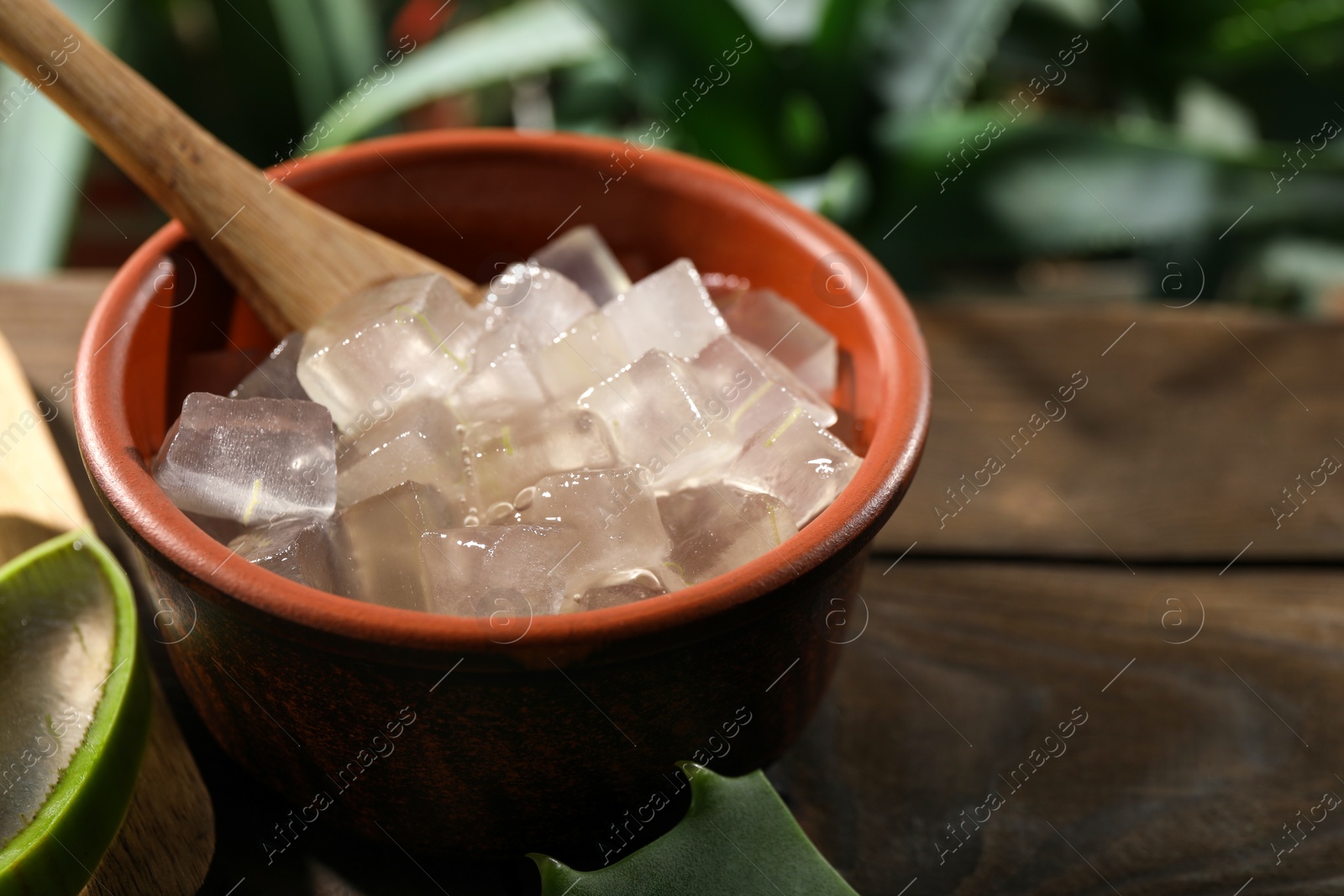 Photo of Aloe vera gel in bowl and slices of plant on wooden table, closeup. Space for text