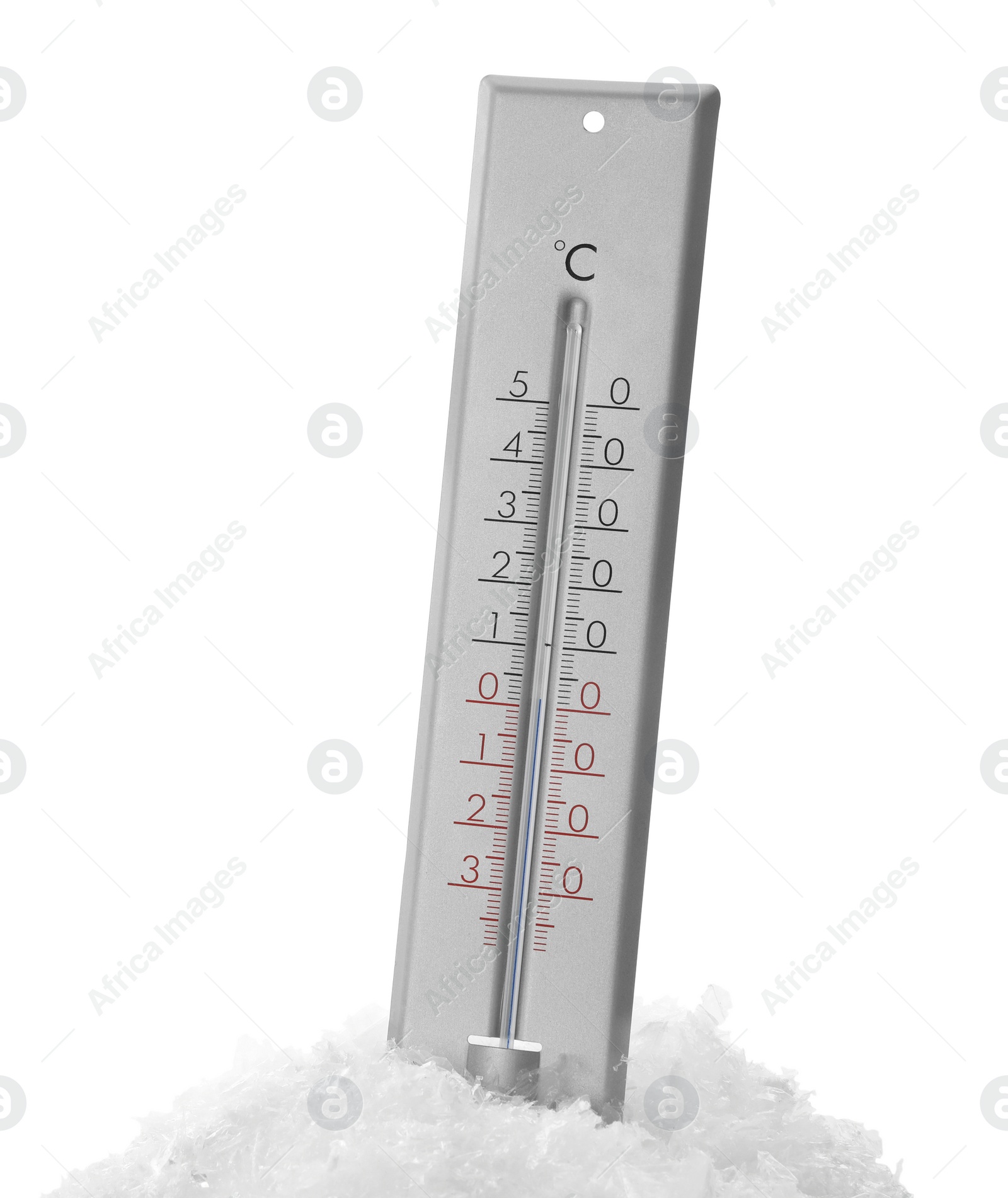 Photo of Weather thermometer in snow against white background