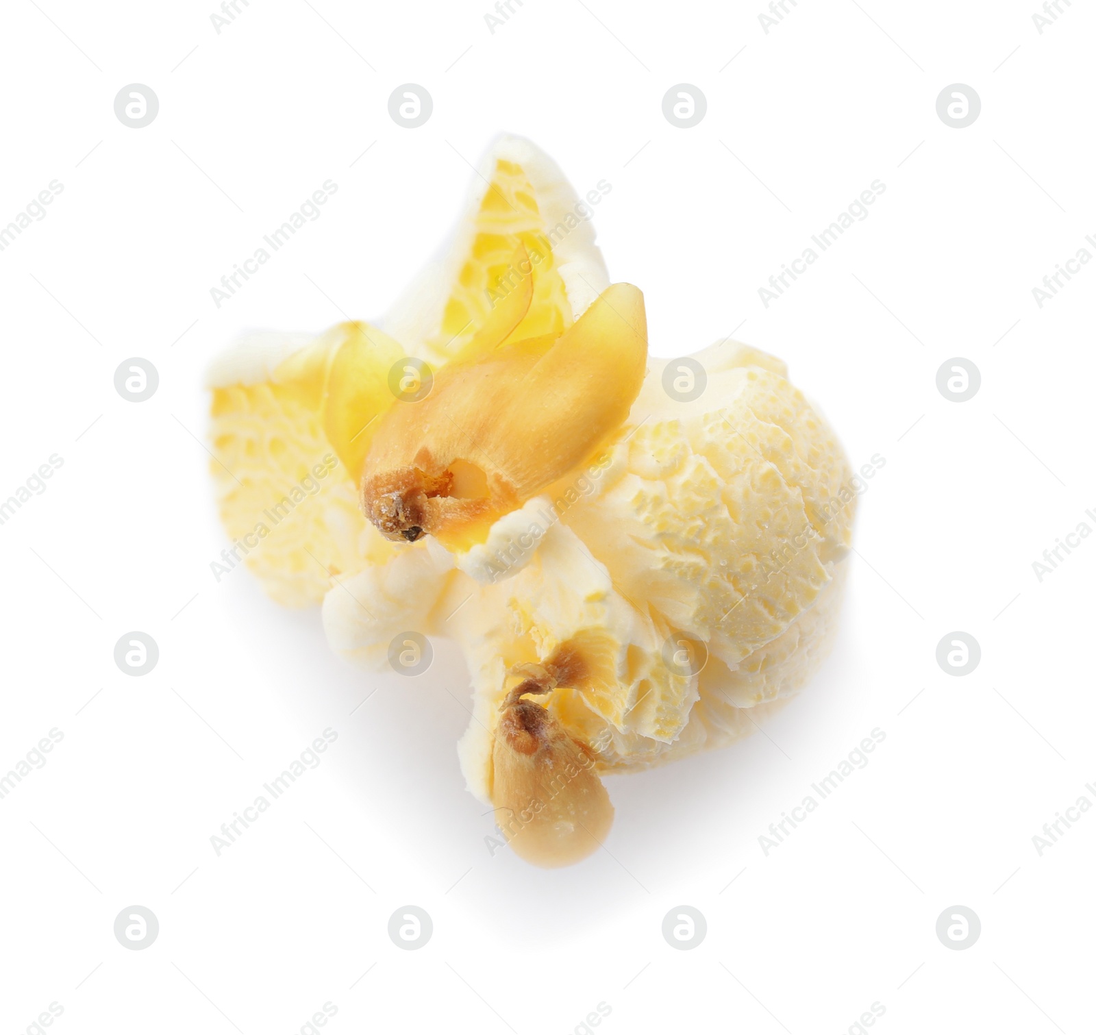 Photo of Delicious salty popcorn on white background