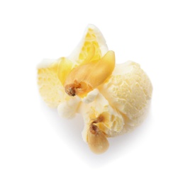 Photo of Delicious salty popcorn on white background