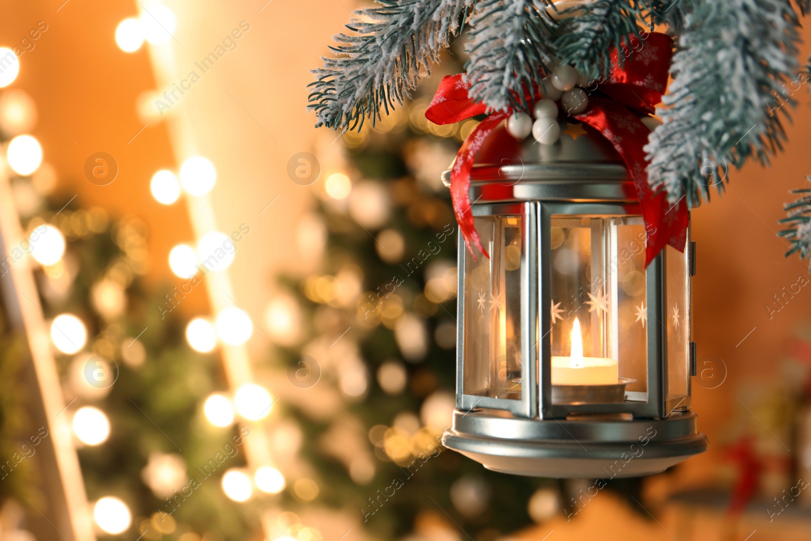 Photo of Vintage Christmas lantern with burning candle hanging on fir branch against blurred background. Space for text