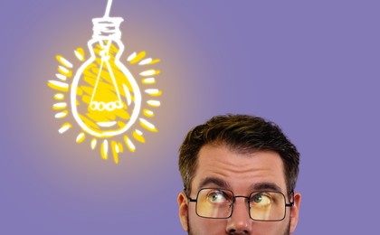 Idea generation. Man looking at illustration of glowing light bulb over him on violet background