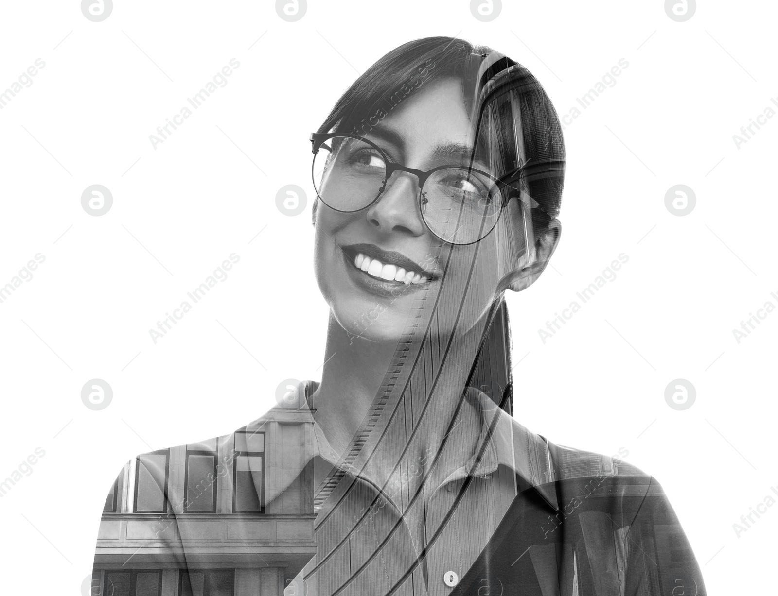 Image of Double exposure of businesswoman and office buildings