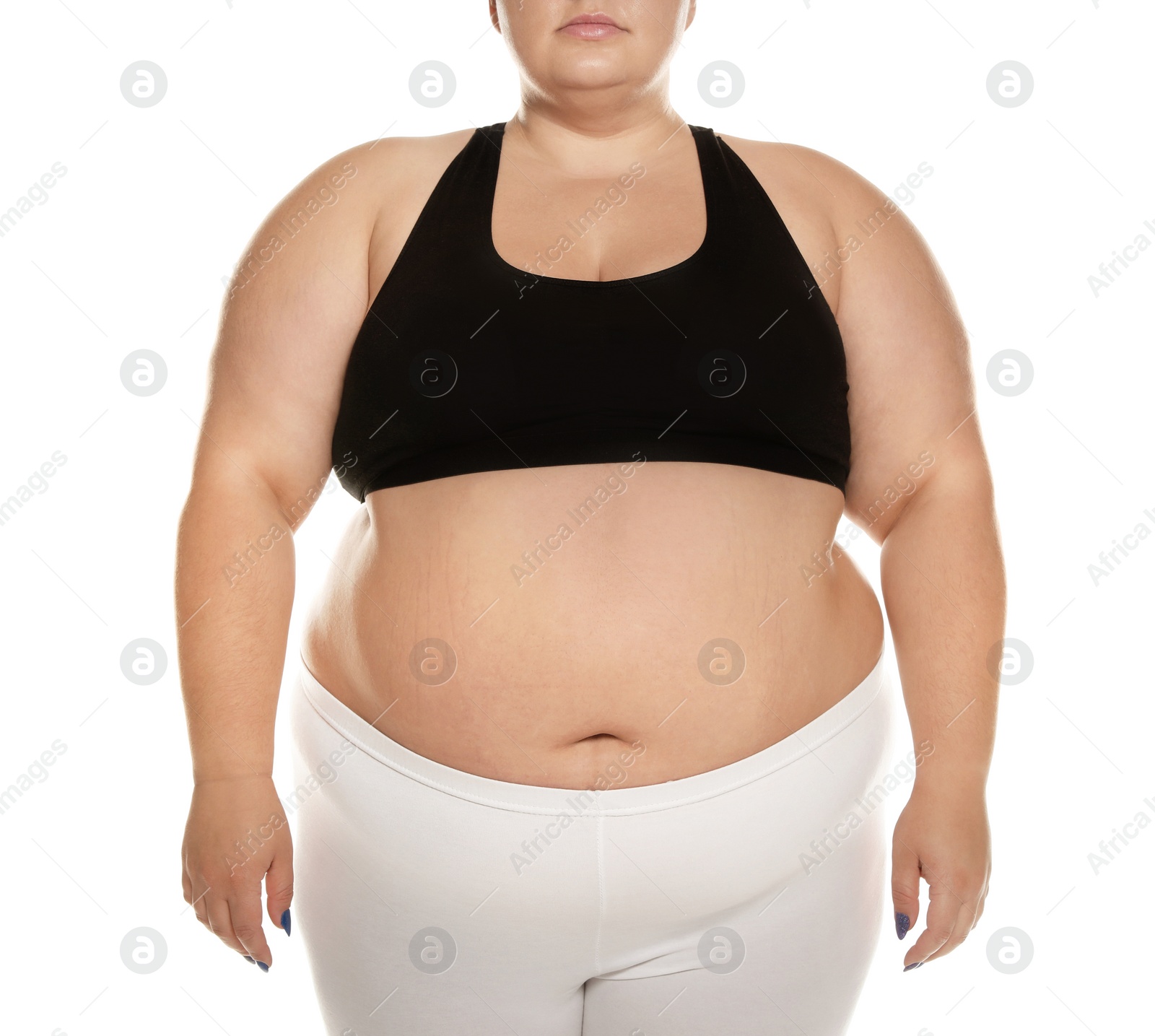 Photo of Overweight woman posing on white background, closeup