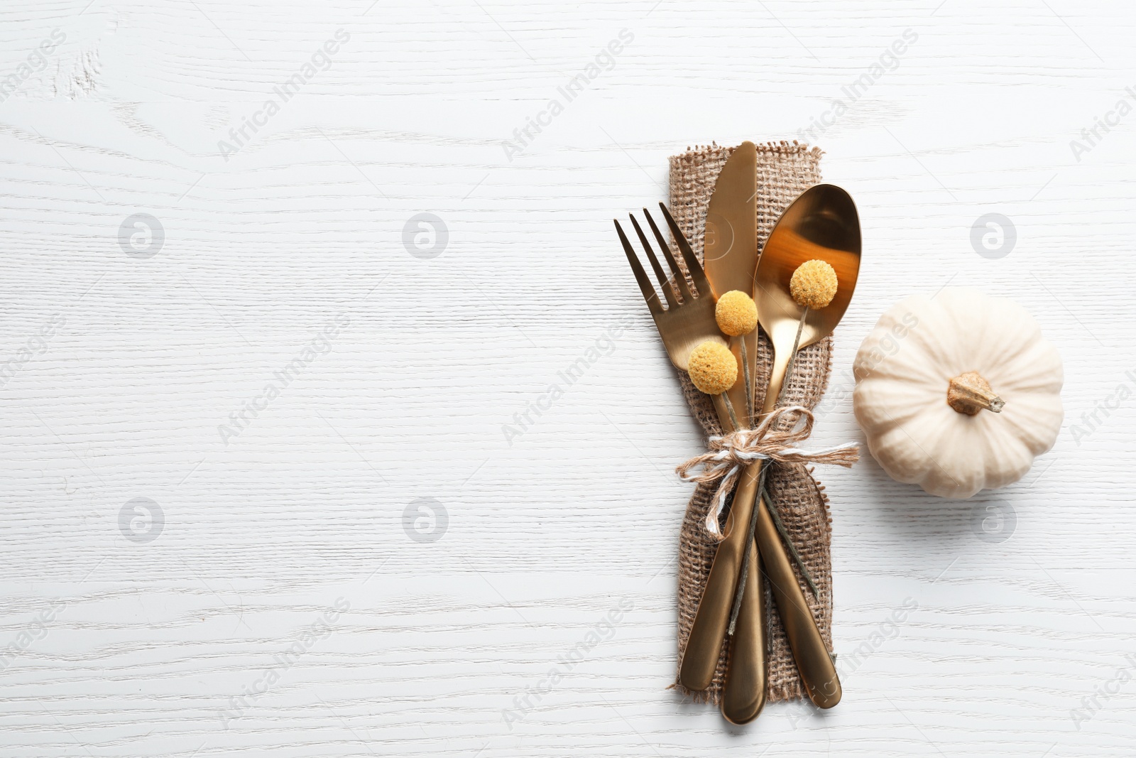 Photo of Top view cutlery decorated for autumn table setting and pumpkin on white wooden background, space for text