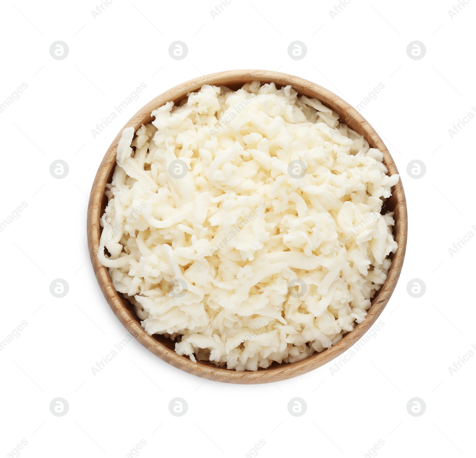 Photo of Wooden bowl with delicious mozzarella cheese on white background, top view