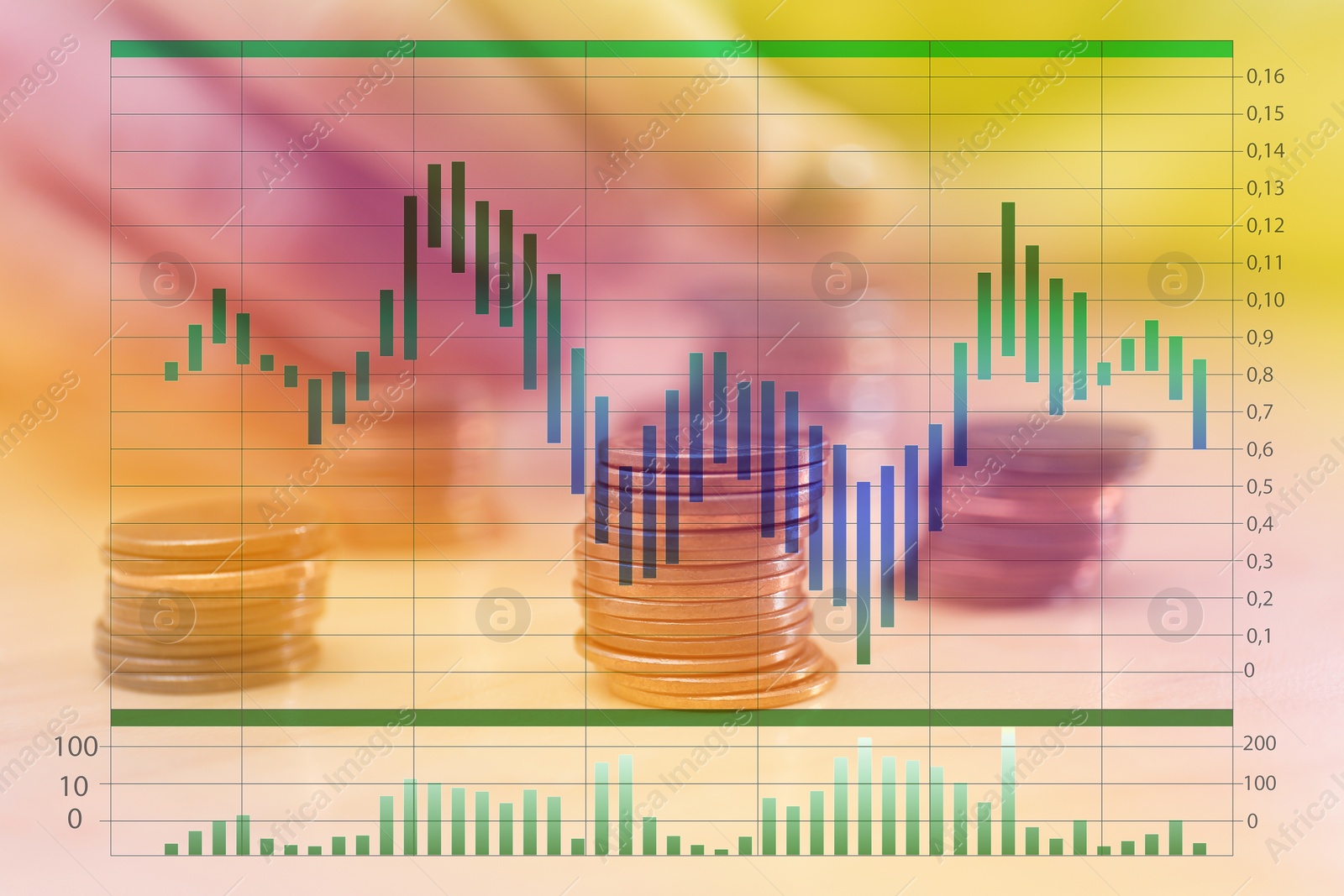 Image of Forex trading. Stack of coins on table and chart