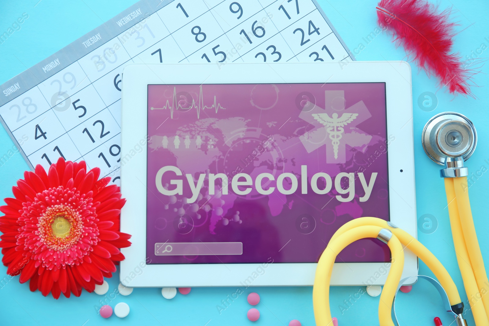 Photo of Flat lay composition with stethoscope, tablet and calendar on color background. Gynecological checkup