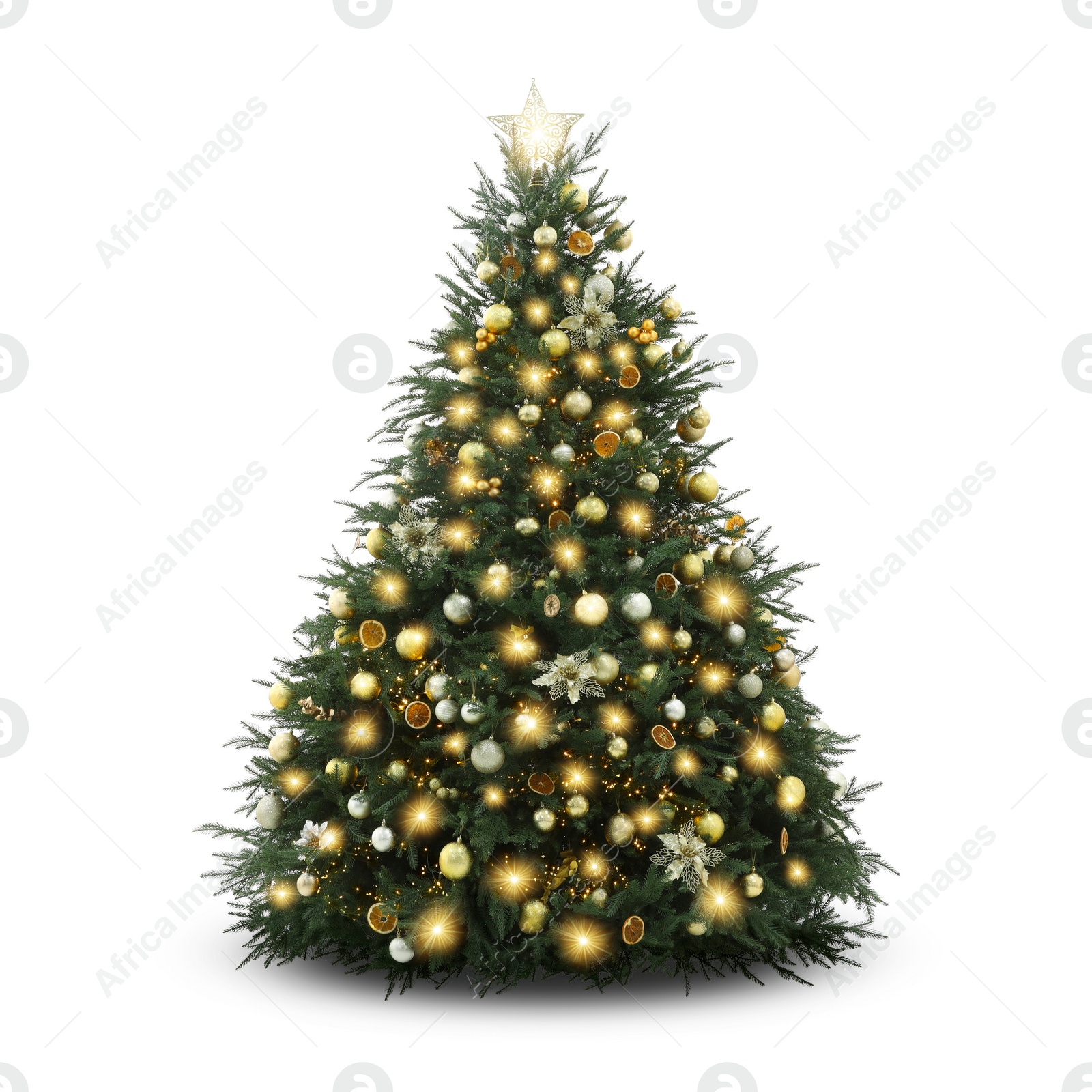 Image of Christmas tree decorated with ornaments and festive lights isolated on white