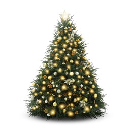 Image of Christmas tree decorated with ornaments and festive lights isolated on white