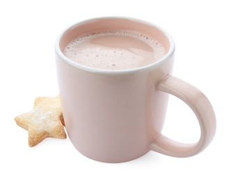 Photo of Delicious cocoa in beige cup and cookies on white background