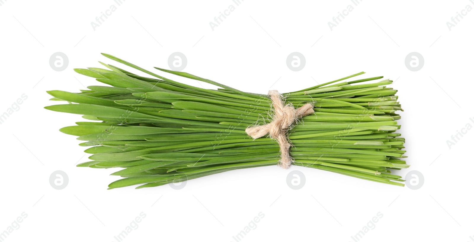 Photo of Bunch of fresh wheat grass sprouts isolated on white, top view