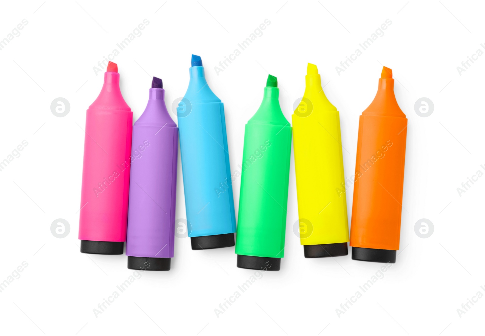 Photo of Many colorful markers isolated on white, top view