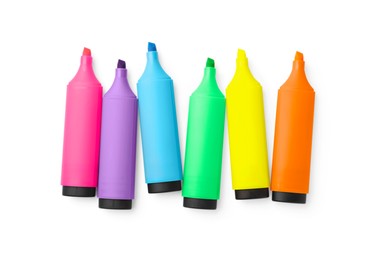 Many colorful markers isolated on white, top view