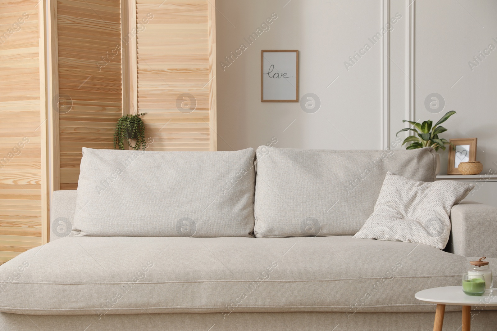 Photo of Stylish room with wooden folding screen and comfortable sofa near white wall. Interior design