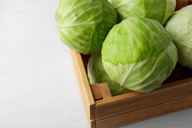 Photo of White cabbage in crate on table, closeup