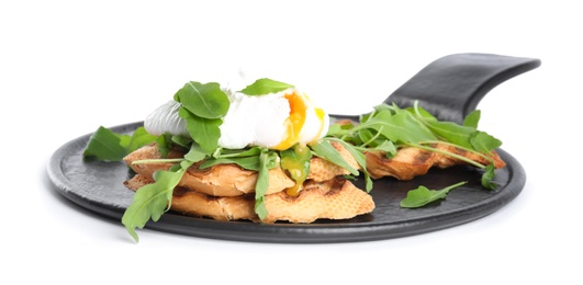 Delicious sandwich with arugula and egg on white background