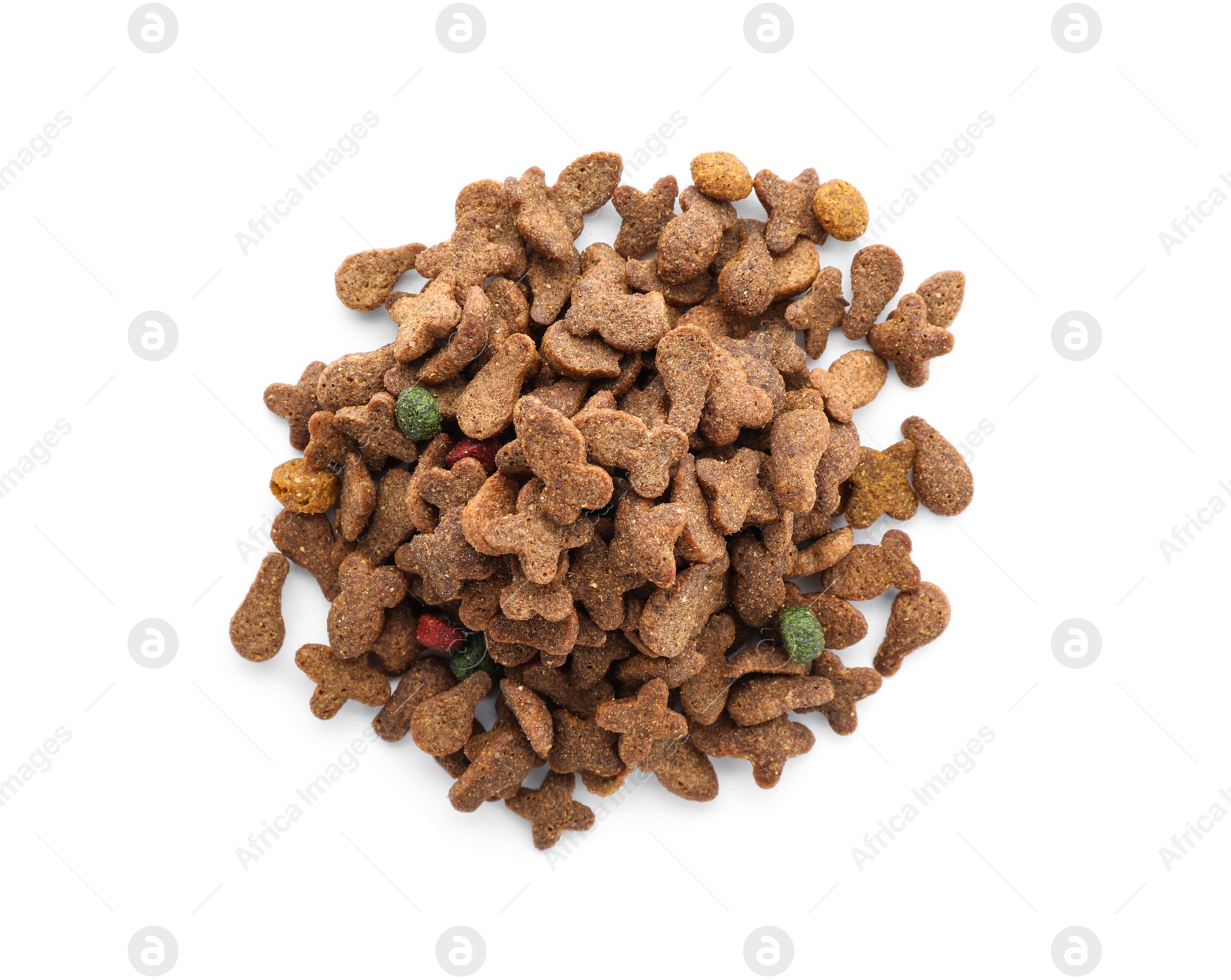 Photo of Pile of dry pet food on white background, top view