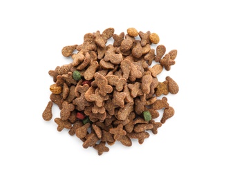 Photo of Pile of dry pet food on white background, top view