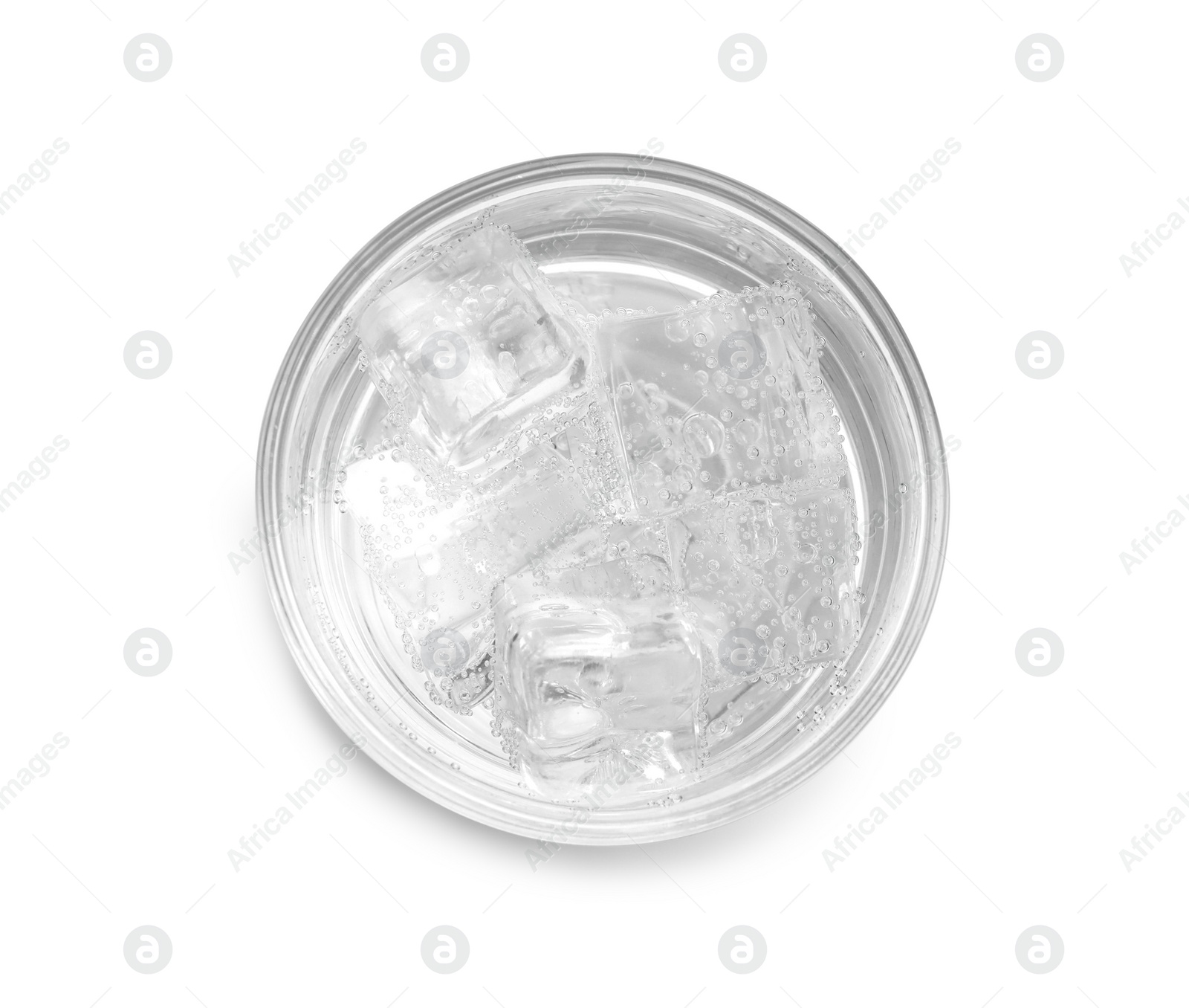 Photo of Glass of soda water with ice isolated on white, top view