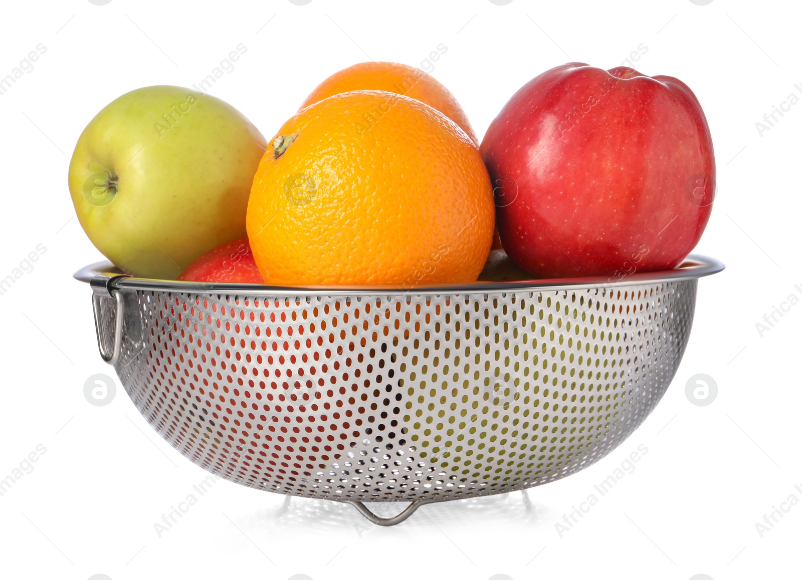 Photo of Colander with fresh fruits isolated on white