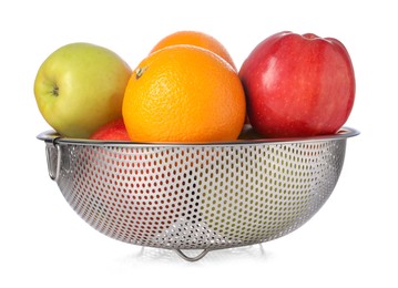 Photo of Colander with fresh fruits isolated on white