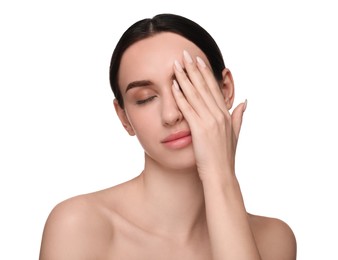 Portrait of beautiful young woman on white background