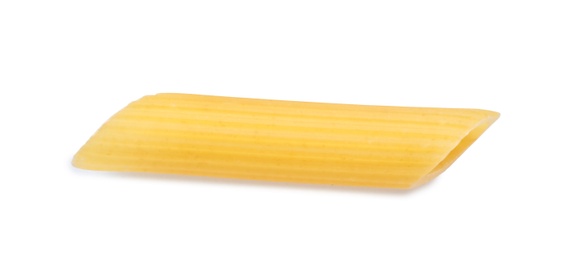 Photo of Uncooked penne pasta on white background, top view