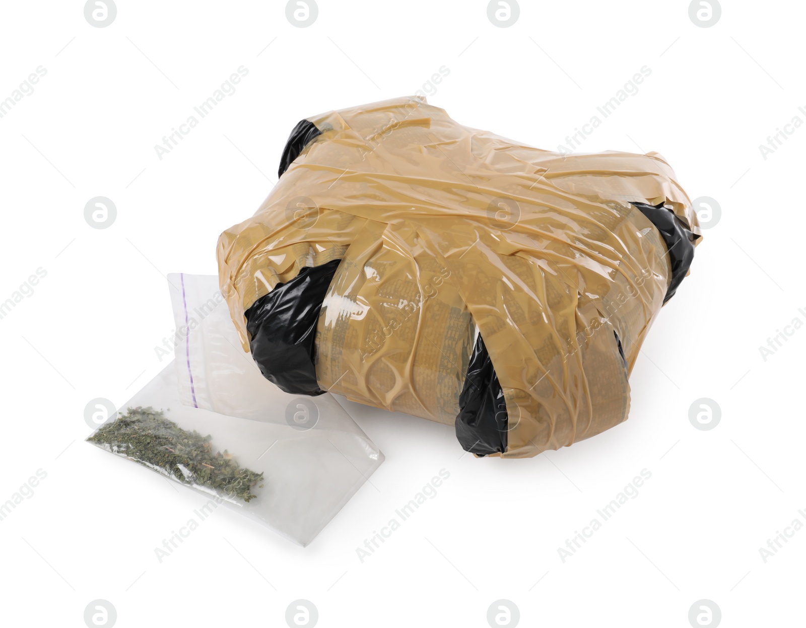 Photo of Packages with narcotics isolated on white. Drug addiction